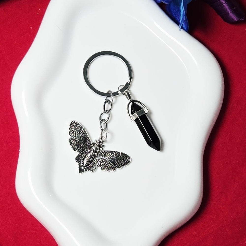 Death Skull Moth & Blackstone Hex Keychain β Y2K Punk Black Crystal Bag Charm